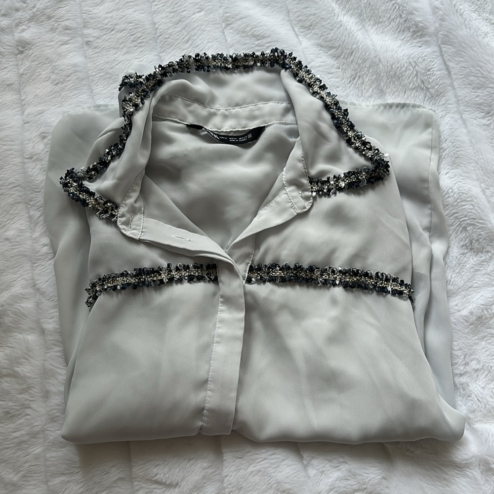 Zara white blouse with blue trim